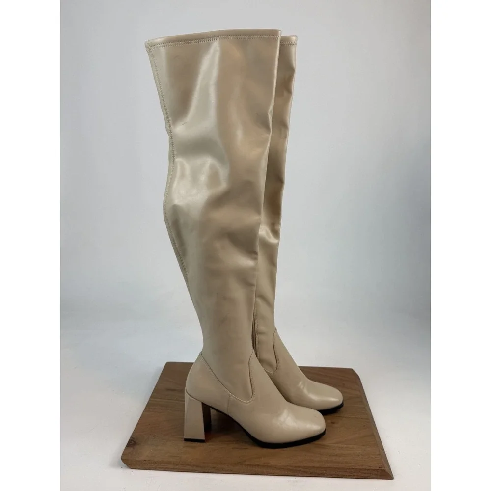New Womens Open Edit Briar Cream Faux Leather Over The Knee Heeled Boots Size 9‎